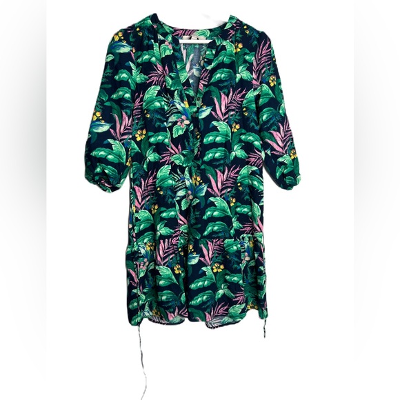 Loft Petite Womans Size Small Tropical Floral Linen Button Up Flutter Dress - Picture 1 of 5